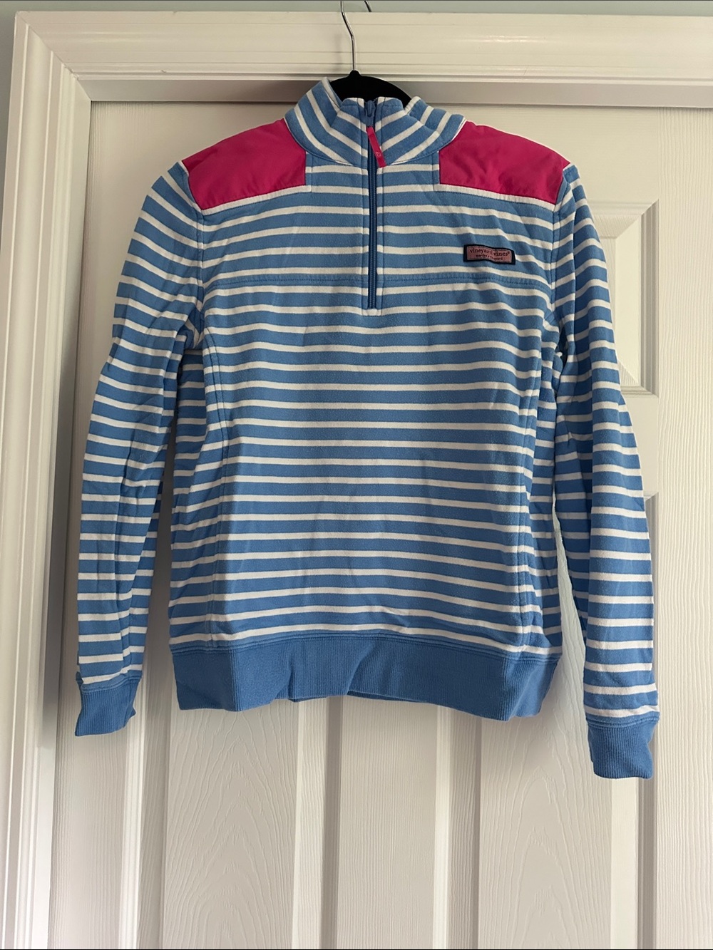 Vineyard Vines Blue and White Striped Quarter-Zip with Pink Shoulder Panels